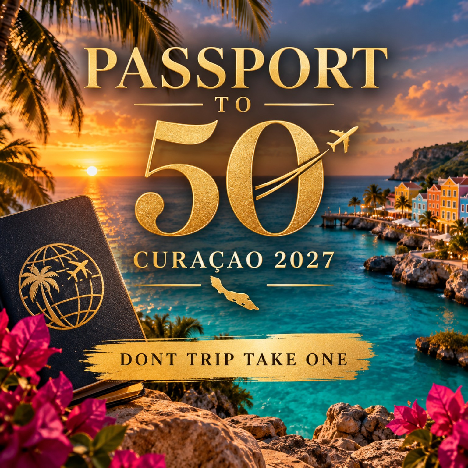 Passport to 50 Curaçao 2027 birthday celebration graphic