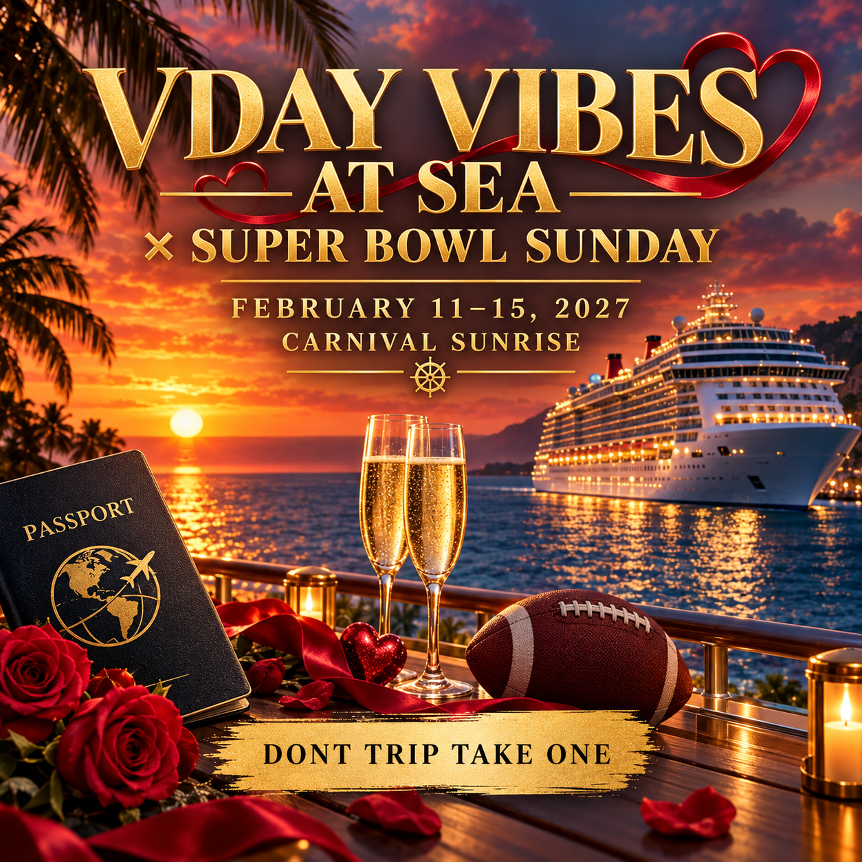 Vday Vibes at Sea and Super Bowl Sunday cruise aboard Carnival Sunrise, February 11–15, 2027